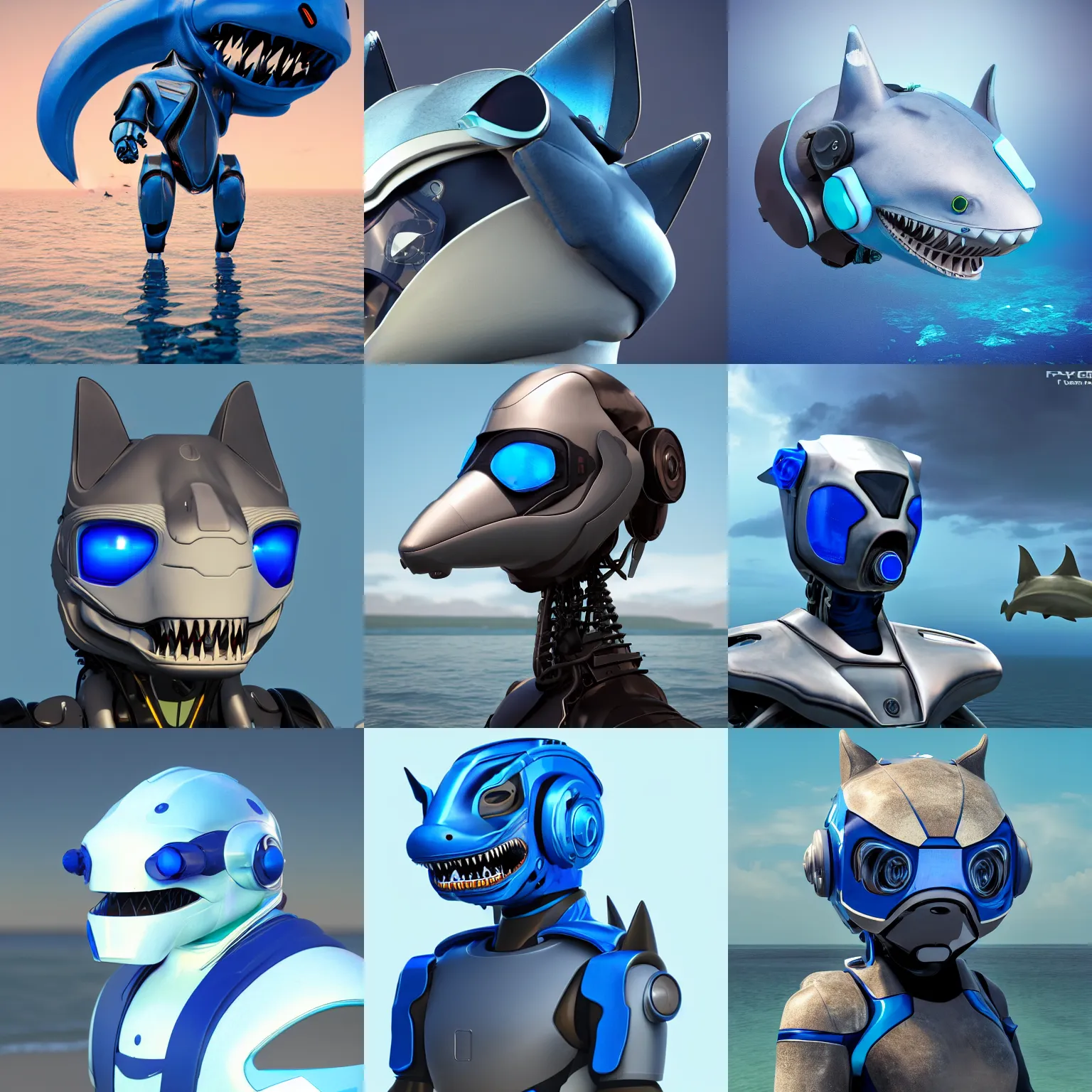 Image similar to furry art, male anthro shark hybrid robot, integrated synthetic android, face covered by visor, wide snout protruding from under visor, ultramarine metal, sea in background, fursona commission on furaffinity, 3 d, cgsociety, octane render