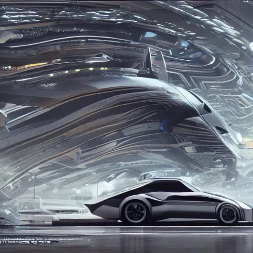 Image similar to car : motherboard forms in the style of zaha hadid architecture sci-fi futuristic setting ultra realistic photography, keyshot render, octane render, unreal engine 5 render , high oiled liquid glossy specularity reflections, ultra detailed, golden hour 4k, 8k, 16k in the style ofblade runner 2049 Cyberpunk 2077 ghost in the shell thor 2 marvel film : tilt shift: sharp focus