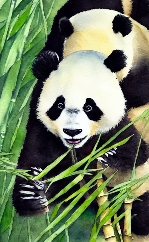 Image similar to a watercolor painting of a panda eating bamboo, dynamic lighting, photorealistic, ambient lighting, atmospherical, stunning visuals, trending on art station