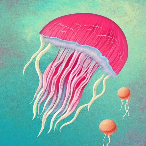 Prompt: hyperdetailed modern childrenbook illustration of a transparent!!! rose and white jellyfish, made of silk, swimming in the ocean. seen from the distance. transparent soft natural textures. matte background