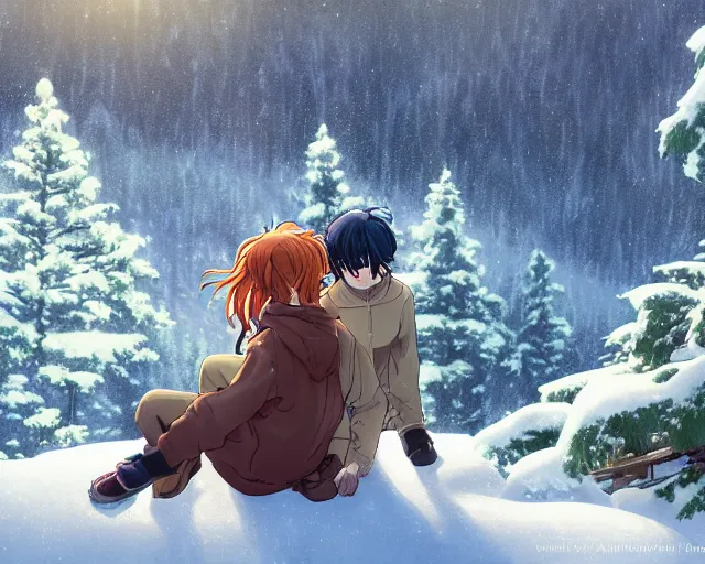 Image similar to a boy and a girl with long flowing auburn hair sitting together on the porch of a cabin on a mountain overlooking a snowy forest. Atmospheric lighting, long shot, romantic, boy and girl are the focus, cold lighting, snowy. Anime. By Makoto Shinkai, Stanley Artgerm Lau, WLOP, Rossdraws, James Jean, Andrei Riabovitchev, Marc Simonetti, krenz cushart, Sakimichan, D&D trending on ArtStation, digital art.