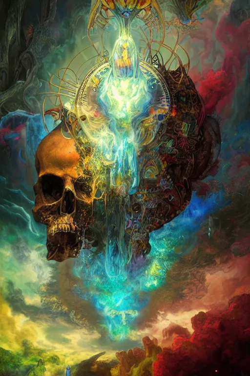 Image similar to gigantic psychedelic demonic cosmic skull of death, outer space, fantasy painting, ultra realistic, dmt, symmetrical, wide angle, intricate details, digital painting, rainbowshift, vivid colors, highly detailed by peter mohrbacher, h. r. giger, maxfield parrish, alphonse mucha, craig mullins, octane render, cgi