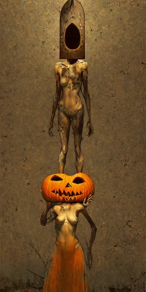 Prompt: a magic surrealism painting of a pumpkin head woman holding a knife 🔪 stands in an abandoned asylum, beksinski, dariusz zawadzki