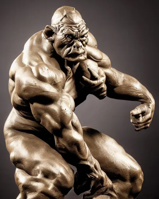 Prompt: a full figure rubber sculpture of crouching Orc, by Michelangelo, in the style of Frank Frazetta, dramatic lighting, rough texture, subsurface scattering, wide angle lens