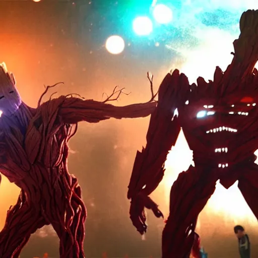 Image similar to groot and optimus prime dancing at techno party among people, wide shoot, after effect, ultra realistic