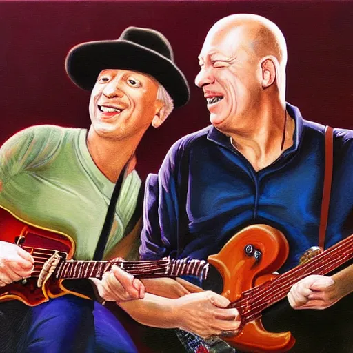 Prompt: portrait of mark knopfler with david gilmour, joyful, highly detailed painting by akira toriyama, 8 k