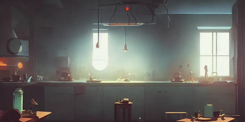 Prompt: minimalistic kitchen dim lit by a candle ripped physique simon stalenhag gerald brom bastien grivet by greg rutkowski, fisheye camera