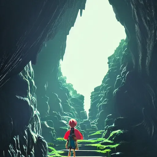 Prompt: The entrance stairway to an imposing and magnificent cavern palance, green blue red colors, skinny girl walking up the stairs, Beautiful architecture, Stairway, Massive decorated doors, Statues, Atmosphere, Dramatic lighting, Epic composition, Wide angle, junji Ito, by Miyazaki, Nausicaa Ghibli, Breath of The Wild