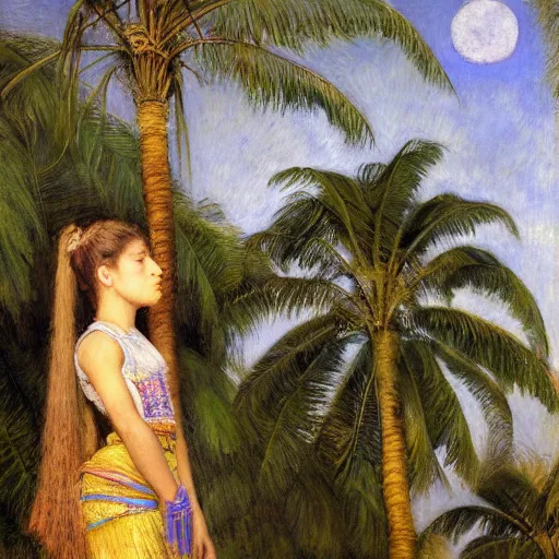 Image similar to a ultradetailed beautiful painting of the moon girl on the amazonas palace by jules bastien - lepage, hans belmer, frank weston and gustave baumann, trending on artstation, mediterranean, palm trees, light sparkles, sharp focus, soft light, 8 k 4 k