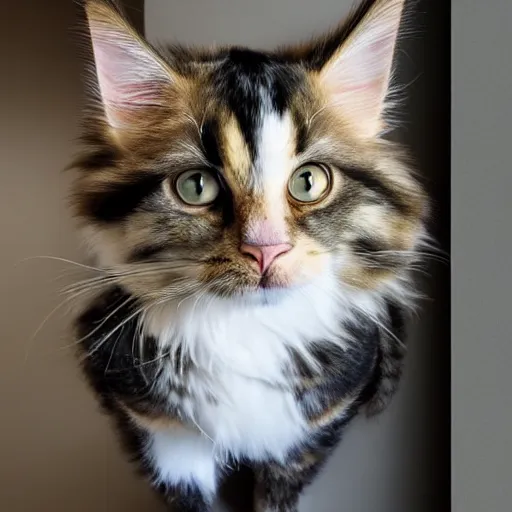 Image similar to very cute huge calico main coon in office, portrait, pixar style, cinematic lighting, award winning creature portrait photography