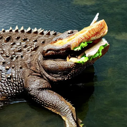 Image similar to a crocodile eating a sandwich