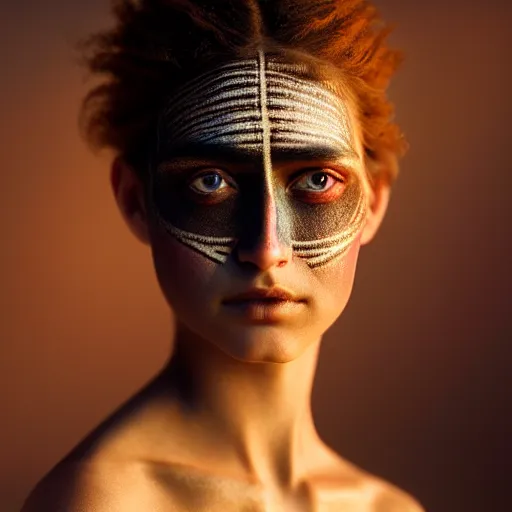 Prompt: photographic portrait of a stunningly beautiful renaissance female with tribal makeup in soft dreamy light at sunset, contemporary fashion shoot, by edward robert hughes, annie leibovitz and steve mccurry, david lazar, jimmy nelsson, breathtaking, 8 k resolution, extremely detailed, beautiful, establishing shot, artistic, hyperrealistic, beautiful face, octane render