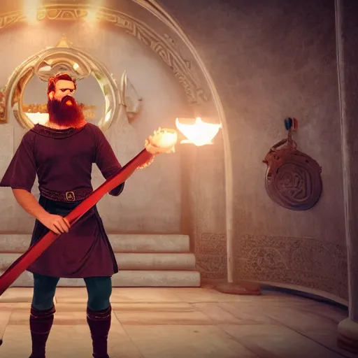 Image similar to fit, red - haired, bearded male in a grey tunic playing a lyre, inside of a candle lit temple, norse god odin, smiling, beside him, bright atmosphere, hyper realistic, photo realistic, movie still, unreal engine, high octane render, 8 k