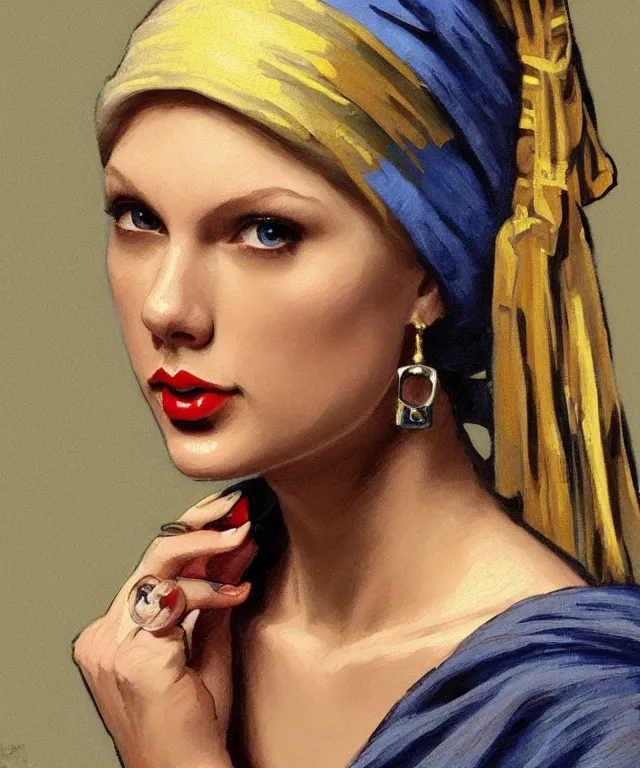 Image similar to Taylor Swift as the girl with the pearl earring, highly detailed, digital painting, artstation, concept art, smooth, sharp focus, illustration, ArtStation, art by artgerm and greg rutkowski and alphonse mucha and J. C. Leyendecker and Edmund Blair Leighton and Katsuhiro Otomo and Geof Darrow and Phil hale and Ashley wood and Ilya repin and Charlie Bowater