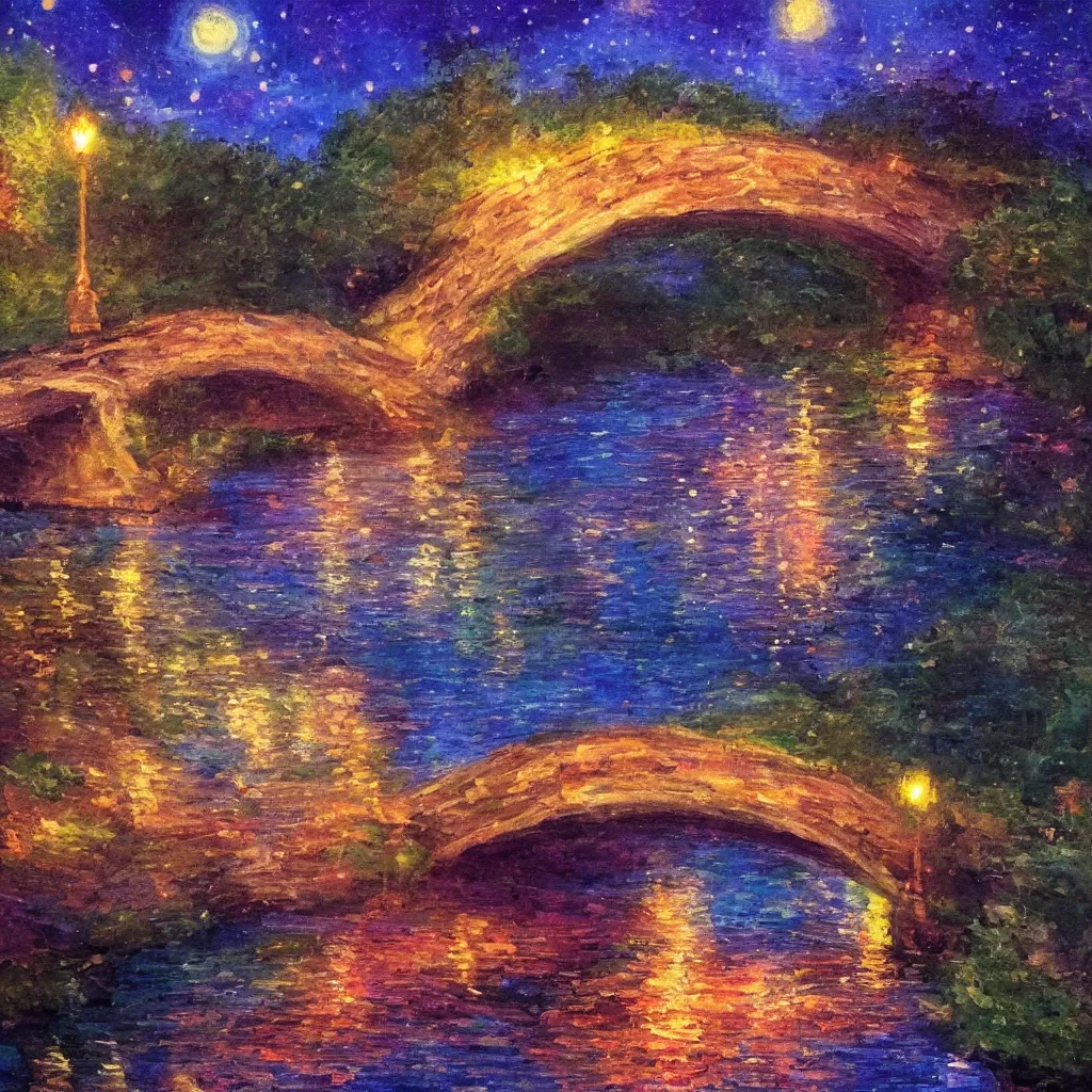 Prompt: fairyland bridge, outside of time and space, dreamy, romantic, night lighting, expressive impressionist style, highly detailed, 8 k