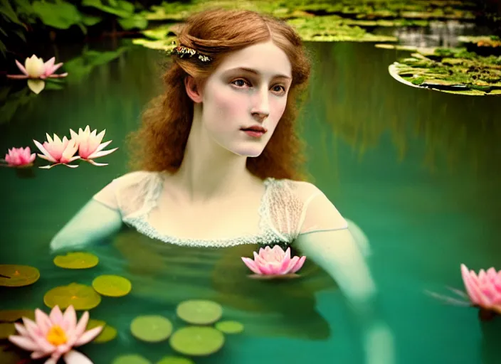 Prompt: Kodak Portra 400, 8K, soft light, volumetric lighting, highly detailed, britt marling style 3/4 ,portrait photo of a beautiful woman how pre-Raphaelites painter, part of the face is underwater of a pond with water lilies, , she has a beautiful lace dress and hair are intricate with highly detailed realistic beautiful flowers , Realistic, Refined, Highly Detailed, natural outdoor soft pastel lighting colors scheme, outdoor fine art photography, Hyper realistic, photo realistic,warm lighting,