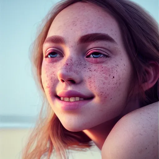 Image similar to beautiful serene intricate portrait of a cute thin young woman, red blush, cute freckles, smug smile, modern clothes, relaxing on the beach, golden hour, close up shot, soft focus, 8 k, art by irakli nadar, hyperrealism, hyperdetailed, ultra realistic