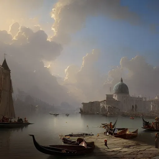 Prompt: a large serene beautiful matte painting of a large venetian harbor upon a calm bay, by asher brown durand and greg rutkowski, featured on artstation