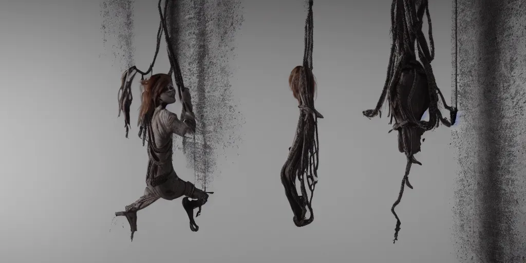 Image similar to a highly detailed photographic render of a woman hanging from a noose, horror, beautifully lit, ray traced, octane 3D render, octane render, unreal engine