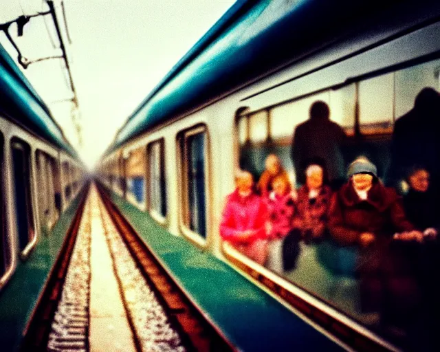 Image similar to a lomography photo of rumble between two grandmoms in soviet train this morning, bokeh,