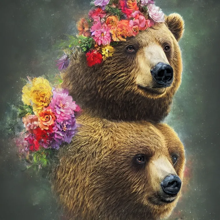 Prompt: a very artistic painting of a single bear with flowers on his head, beautiful and cute, low poly, long exposure, high quality, detailed, 8 k resolution, analytical art, art photography, moco, paris school, romanticism