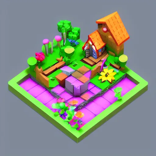 Prompt: 3D isometric cubic cute fairy garden, isometric voxel, 3D