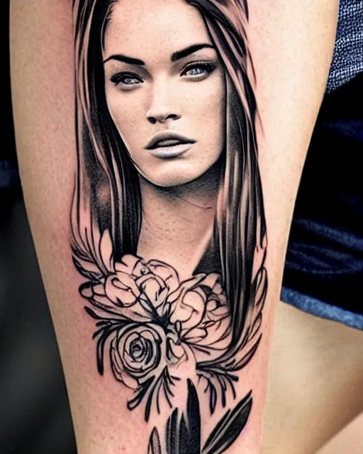 Image similar to creative double exposure effect tattoo design sketch of megan fox faded in beautiful mountain scenery, realism tattoo, in the style of matteo pasqualin, amazing detail, sharp