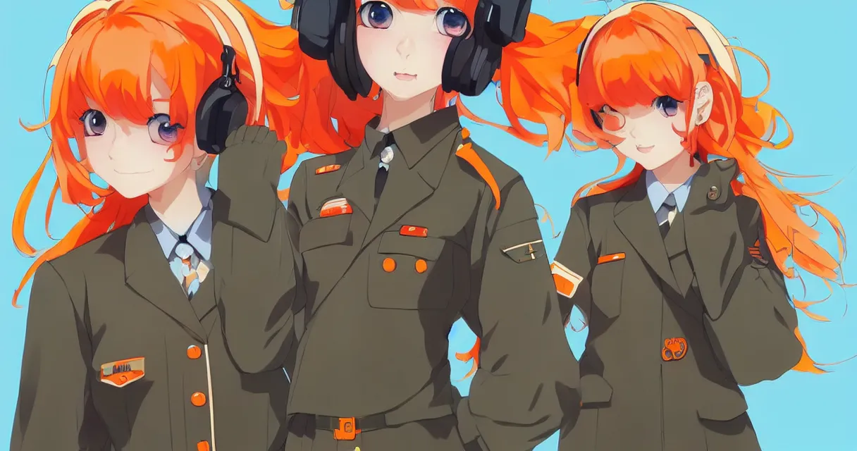 Image similar to very beautiful young anime girl with orange hair, dressed in soviet pioneer uniform, full body, sky blue eyes, full round face, front view, middle, highly detailed, colored manga drawing by wlop popular on artstation