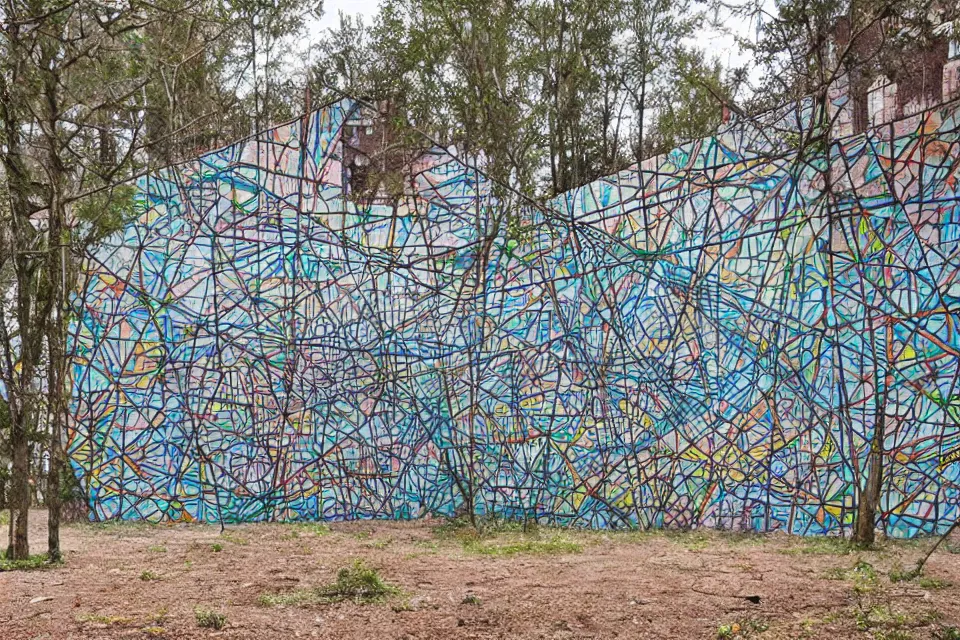 Prompt: geometric anamorphic graffiti of a forest on an abandoned factory, by birdo, alex maksiov and john pugh