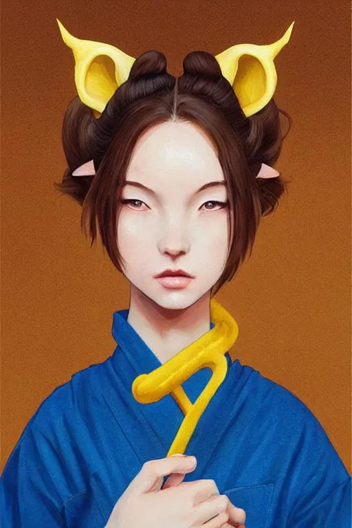 Image similar to girl with brown hair, short horns, long animal ears, a yellow t - shirt and blue overalls, geisha art portrait, illustration by ross tran, bo chen, toni infante, rebecca oborn, michael whelan, trending on artstation cgsociety hq