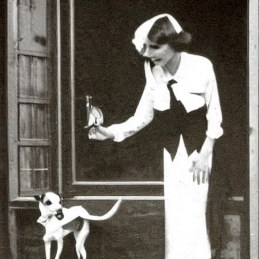 Prompt: a vintage snapshot from the 1 9 2 0 s shows a lady with her dog, a jack russell terrier, outside an open window. she wears a fancy white shirt with a big bowtie, along with a dark - colored skirt. she wore her wristwatch over the cuff of her blouse in the manner of gianni agnelli.