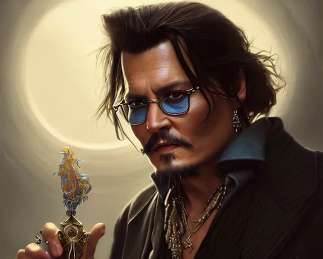 Image similar to digital art of johnny depp, deep focus, d & d, fantasy, intricate, elegant, highly detailed, digital painting, artstation, concept art, matte, sharp focus, illustration, hearthstone, art by artgerm and greg rutkowski and alphonse mucha