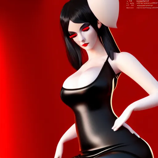 Image similar to a feminine curvy young hot demoness wearing a modest regal black-red latex-nylon dress, dark eyeshadow, eyelashes, cgsociety, photorealistic, sublime-hyperadvanced-seductive ambience, 16k, smooth, sharp focus, trending on ArtStation, volumetric lighting, fully clothed, thin waist