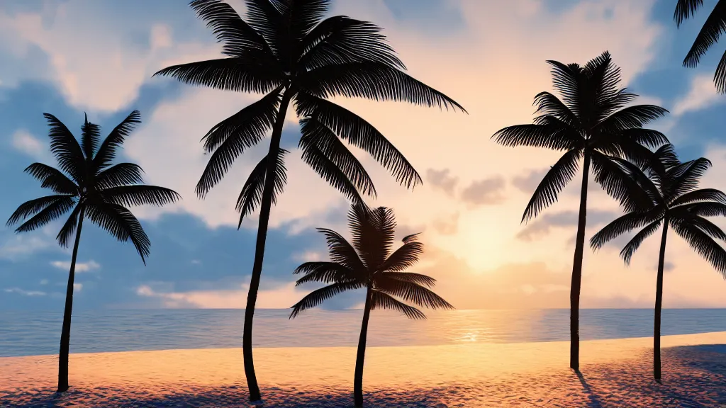 Image similar to sunset over a beach with palm trees, dramatic lighting, 8k uhd, raytracing, unreal engine, octane render, picturesque, extremely detailed