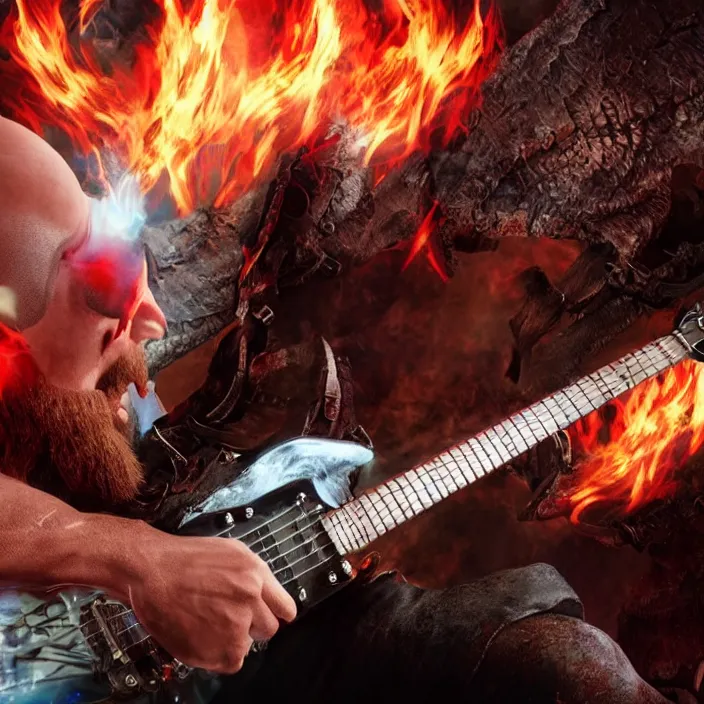 Prompt: kratos rocking out on a flaming stratocaster guitar, cinematic render, god of war 2 0 1 8, playstation studios official media