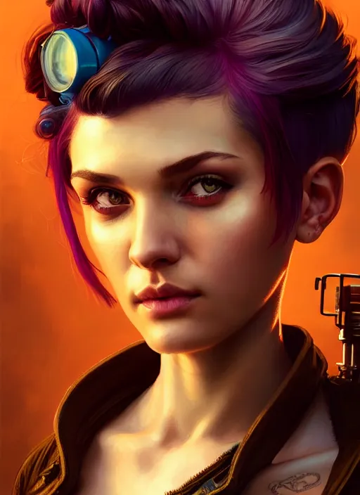 Prompt: character portrait of young woman as a a beautiful barmaid, pixie cut with shaved side hair, bad attitude, dystopian cyberpunk steampunk soviet mood, intricate, wild, highly detailed, digital painting, artstation, concept art, smooth, sharp focus, illustration, art by artgerm and greg rutkowski and alphonse mucha, vibrant deep colors