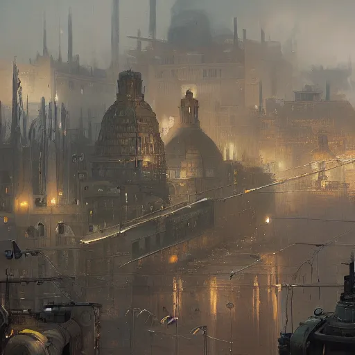 Prompt: highly detailed painting of dieselpunk stockholm, by greg rutkowski, 4 k resolution, trending on artstation