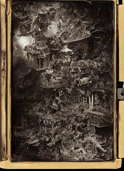 Image similar to old wetplate daguerreotype, the unveiling of pandora's box, explosion of data fragments, fractal, intricate, elegant, highly detailed, parallax, leica, medium format, subsurface scattering, by jheronimus bosch and greg rutkowski and louis jacques mande daguerre