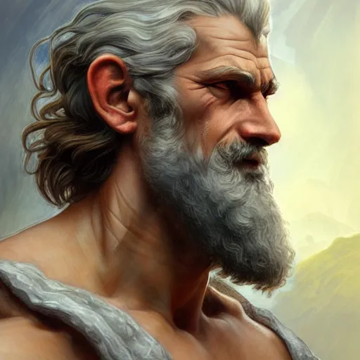 Prompt: portrait of rugged zeus, greek god, salt and pepper hair, soft hair, d & d, muscular, fantasy, intricate, elegant, highly detailed, digital painting, artstation, concept art, smooth, sharp focus, illustration, art by artgerm and greg rutkowski and alphonse mucha