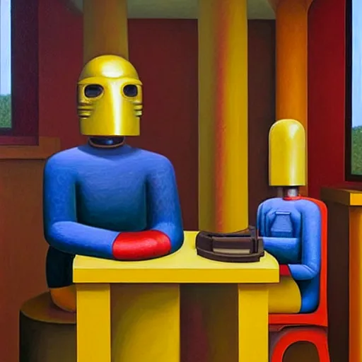 Image similar to droid factory, ( ( ( grant wood ) ) ), pj crook, ( ( ( edward hopper ) ) ), oil on canvas