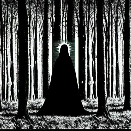 Image similar to marian apparition in forest, high contrast, found footage, vhs, 1 9 9 0, beautiful, highly realistic, highly detailed, vhs noise static, black and white, vhs glitch