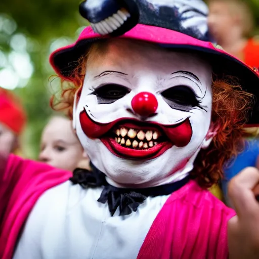 Image similar to evil clown performing at a party with crying children