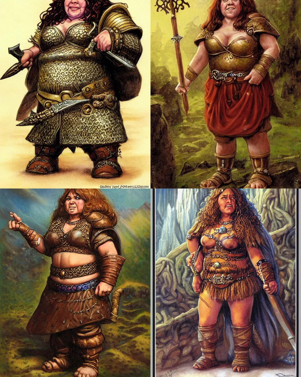 Prompt: female dwarven noblewoman, chubby short stature, complex hair, by jeff easley