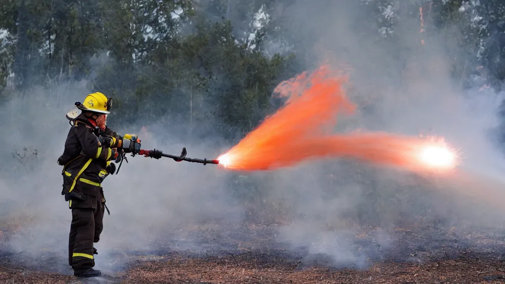 Image similar to photo of a firefighter using a flamethrower projecting a long flame