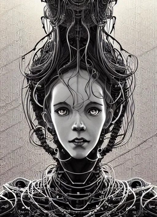 Prompt: highly detailed portrait of a biomechanical long curly white hair tribal lady, stray wiring by atey ghailan, james gilleard, by joe fenton, by greg rutkowski, by greg tocchini, by kaethe butcher, 4 k resolution, gradient yellow, black and white color scheme!!! ( ( robotic honeycomb sandy desert brick pyramid background ) )