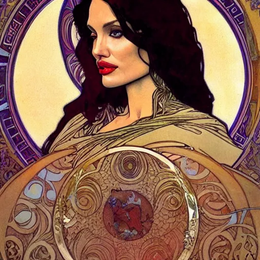 Image similar to angelina jolie portrait by louis - theophile hingre and alphonse mucha, realistic, sharp focus, zodiac signs, tarot cards, planets, ethereal, art nouveau, magic, moon, sun, crown, dreamy, royal, jewellery