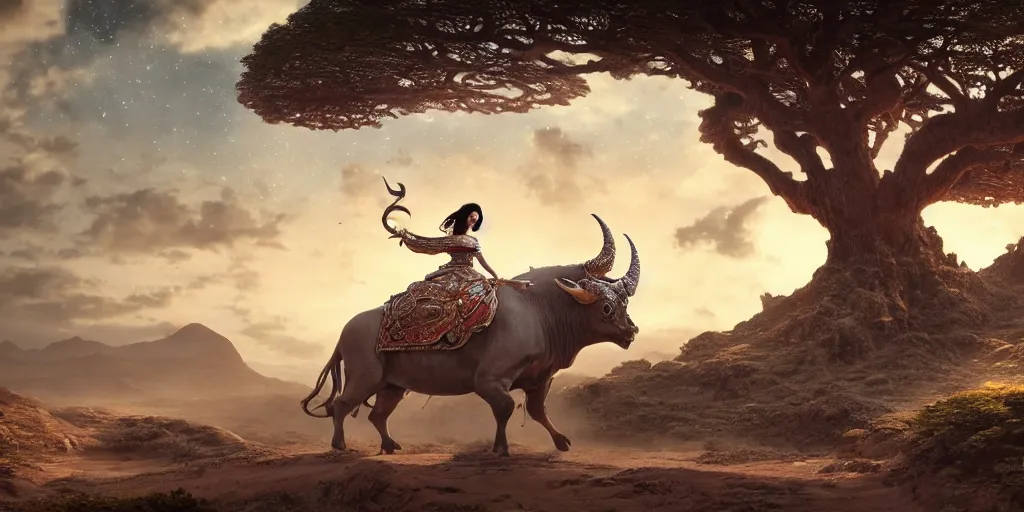 Image similar to a beautiful ornate woman, riding a bull in socotra island with dragon trees, starry night, sharp focus, wide shot, trending on artstation, masterpiece, by greg rutkowski, by ross tran, by fenghua zhong, octane, soft render, ultrarealistic, colorful, cinematic, shadow of the tomb rider