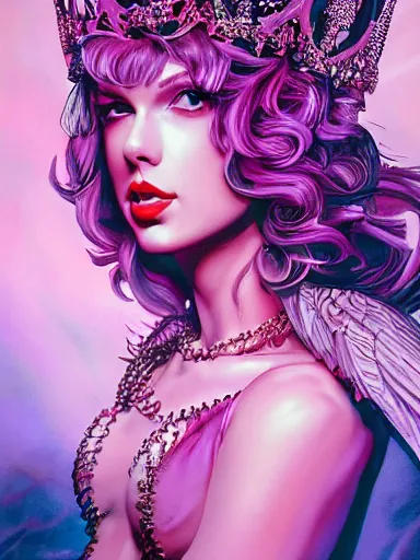 Image similar to pink portrait of beautiful female angel queen Taylor Swift head wearing shiny pink crown, subtle purple accents, hyper details, black metal rococo, sculpted by Alex Alice, Craig Mullins, yoji shinkawa, trending on artstation, beautifully lit, Peter mohrbacher, hyper detailed, insane details, intricate, elite, elegant, luxury, ray of light through smoke, CGsociety, hypermaximalist, blackpink, golden ratio, volumetric, octane render, weta digital, micro details, 3d sculpture