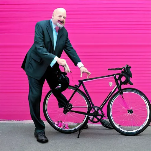 Prompt: Jim Cramer loves his new pink bicycle