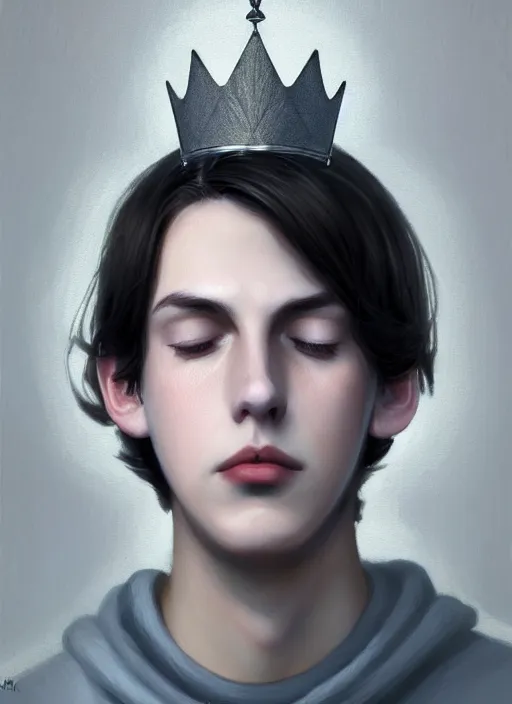 Image similar to portrait of teenage jughead jones wearing a light grey crown, photorealistic, crown, eyes closed, crown, black hair, intricate, elegant, glowing lights, highly detailed, digital painting, artstation, concept art, smooth, sharp focus, illustration, art by wlop, mars ravelo and greg rutkowski